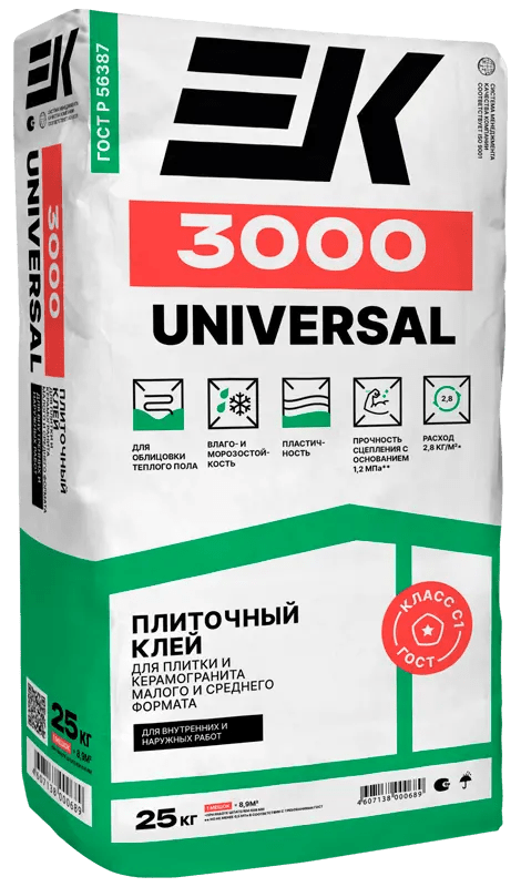 Клей для плитки и керамогранита ЕК 3000 UNIVERSAL